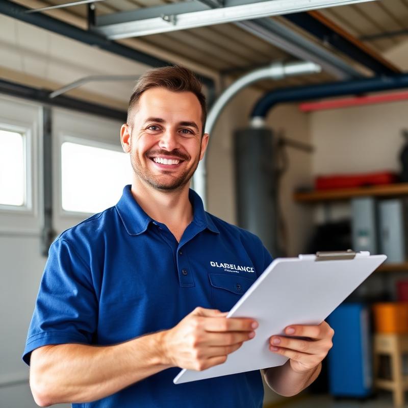 Newton Garage Doors technician in company polo performing safety inspection